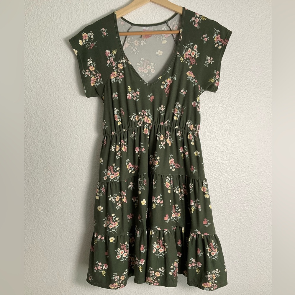 No Boundaries Juniors Green Dress Floral Print Cottagecore Bloomcore Size S 3-5